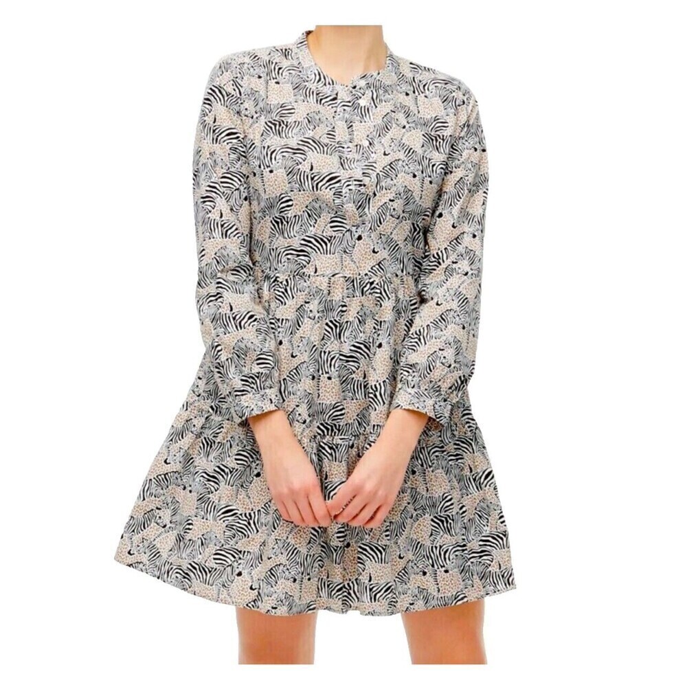 J.Crew Tiered Popover boho chic Black Camel Zebra Animal safari women Dress XS - Picture 1 of 15